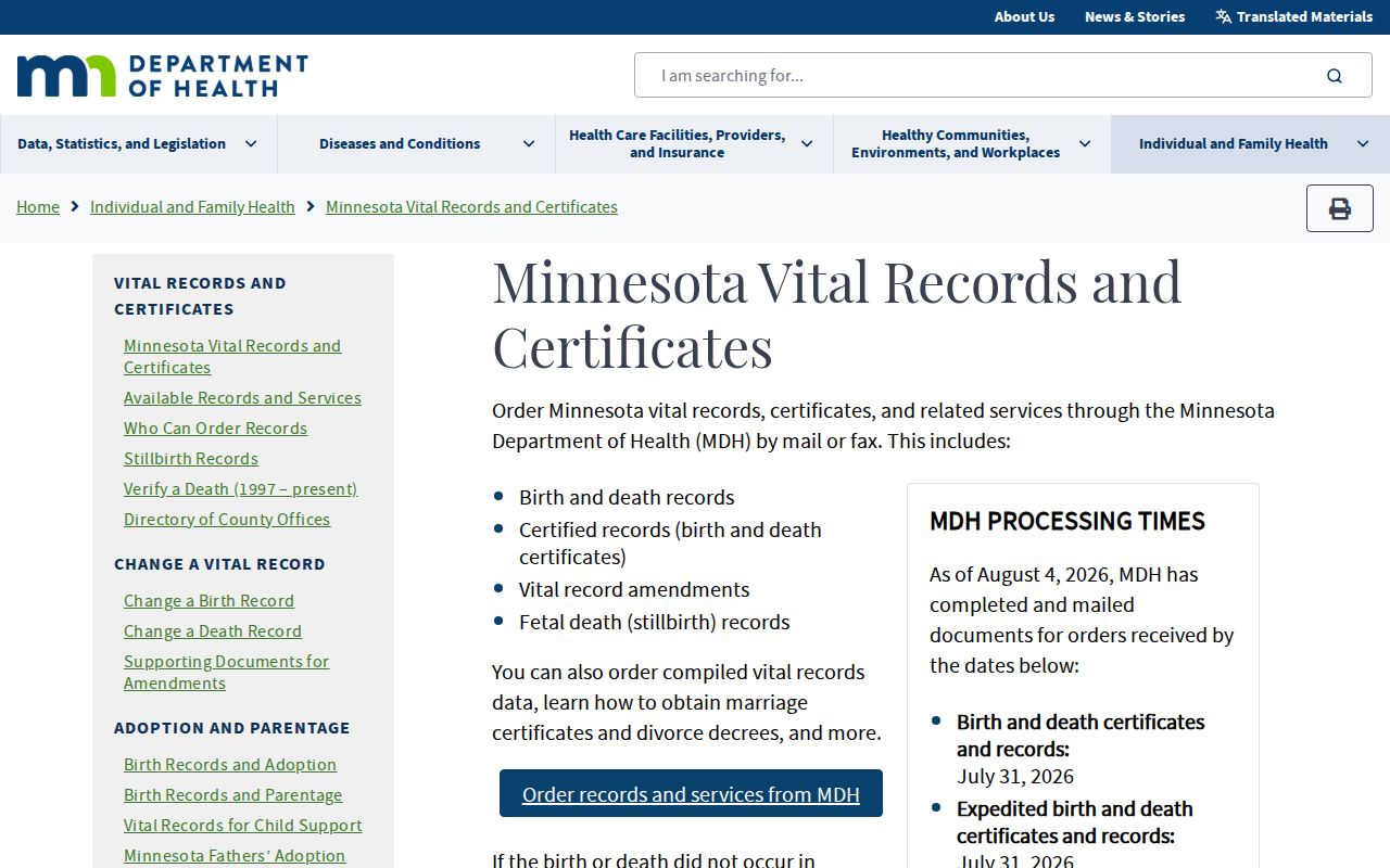 Minnesota vital records page with state office phone numbers for certificates