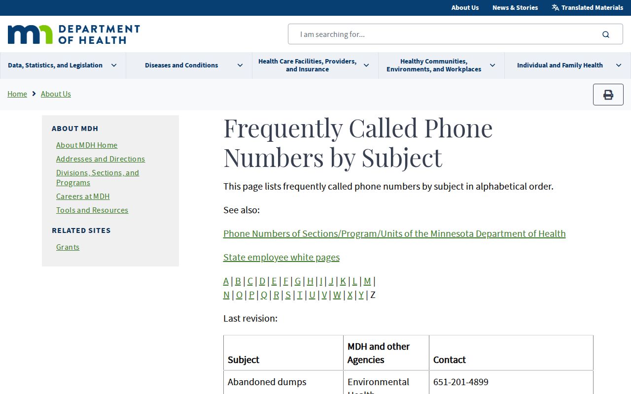 Minnesota Department of Health frequently called phone numbers page