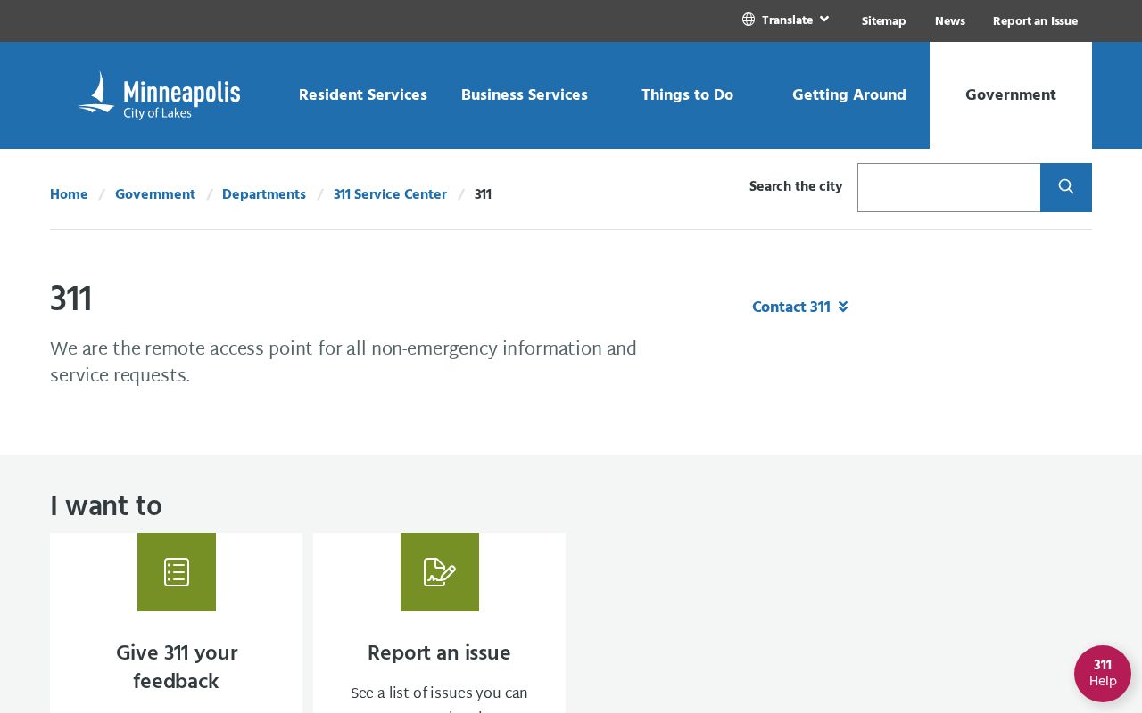 Minneapolis 311 contact page in the Minnesota phone directory for city services