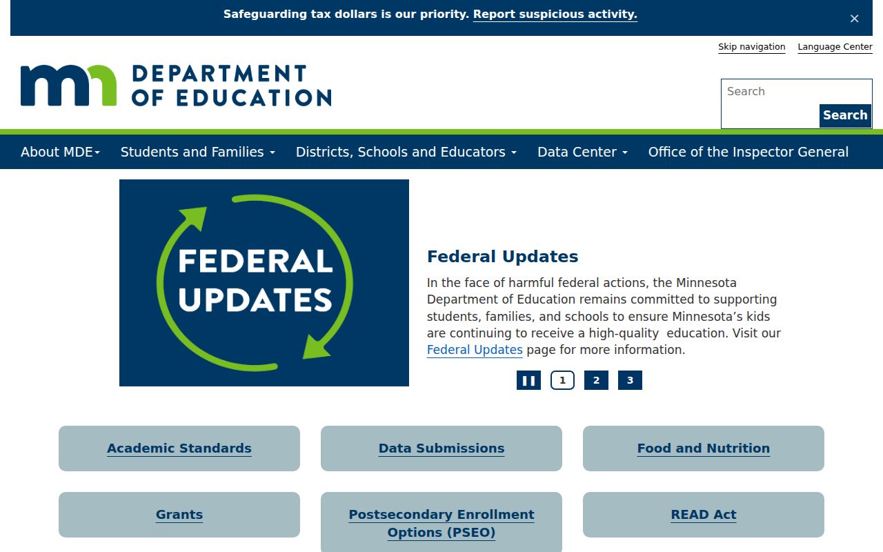 Minnesota Department of Education homepage with statewide education phone numbers