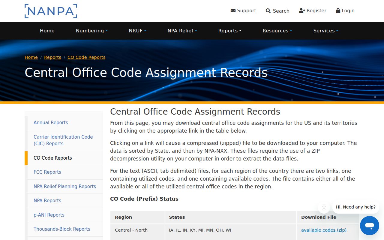 NANPA central office code assignment records covering Minnesota area codes