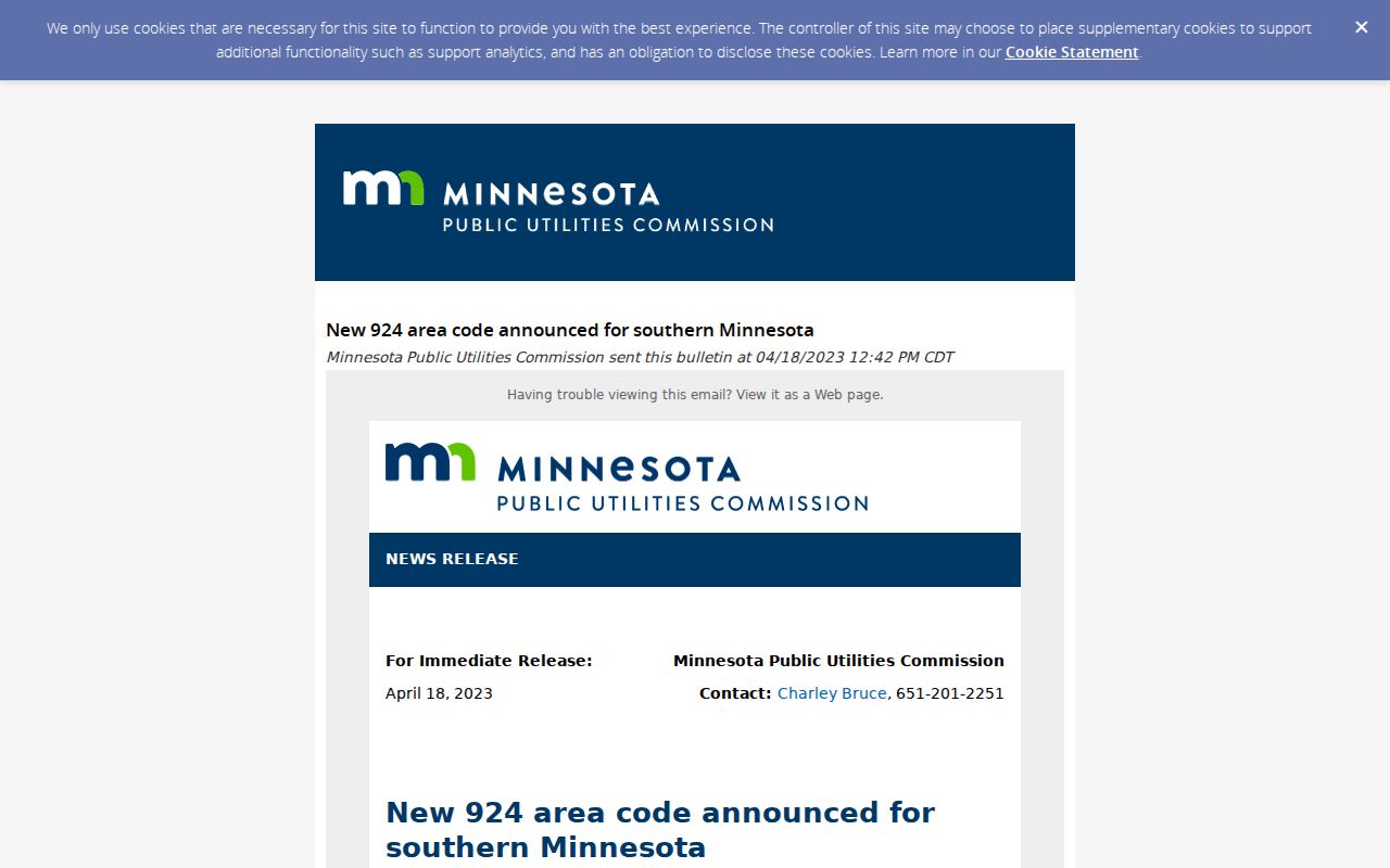 Minnesota PUC announcement of the 924 area code for southern Minnesota area codes