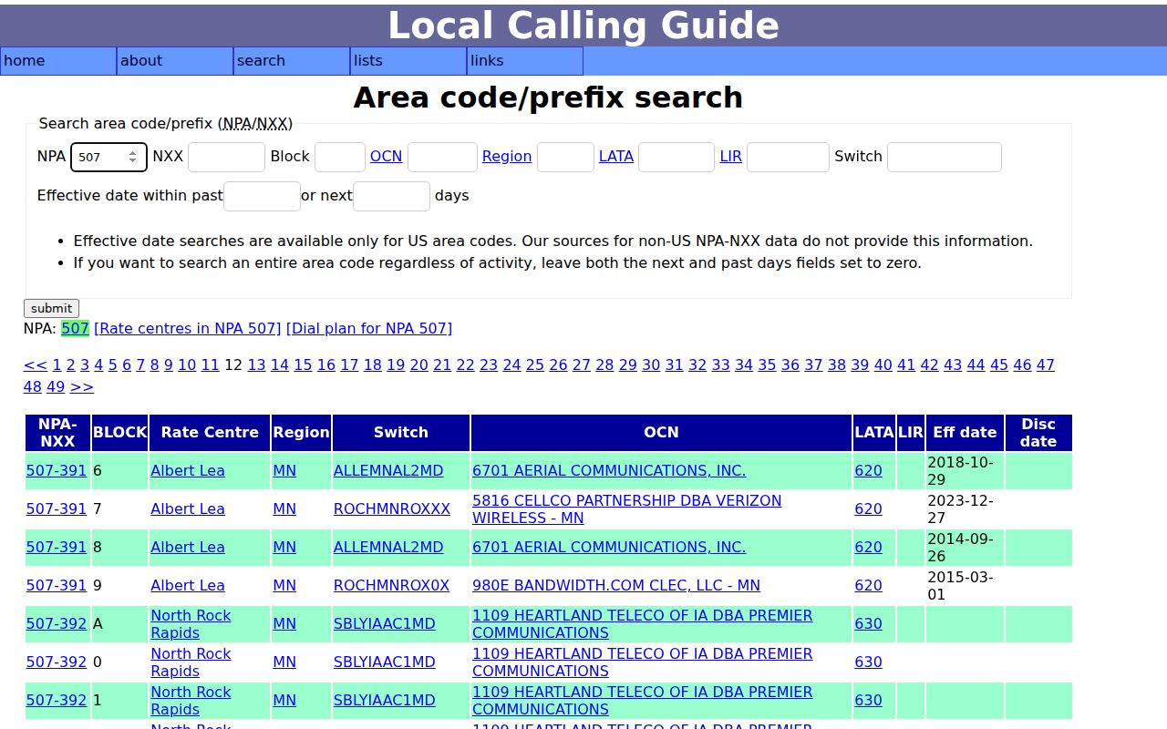 Local Calling Guide prefix listing for the 507 Minnesota area code
