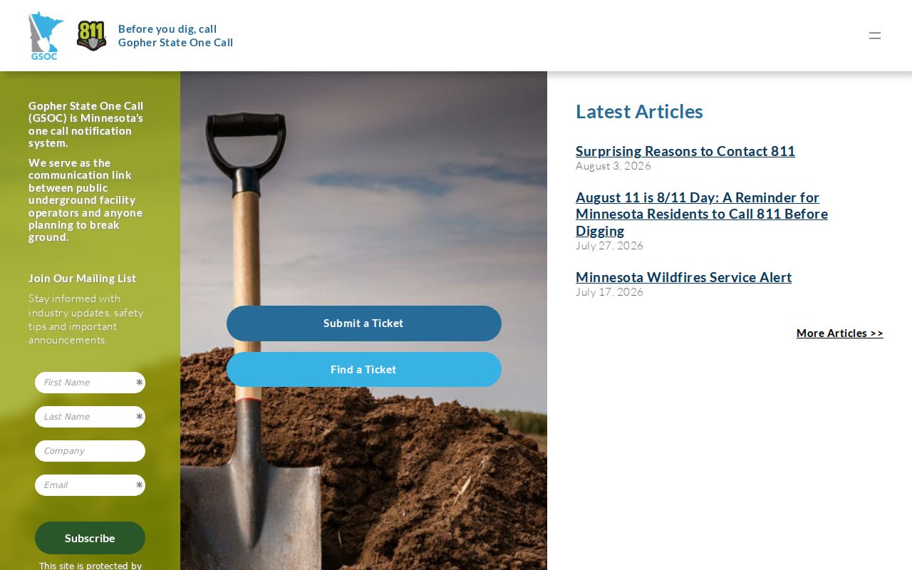 Gopher State One Call homepage behind the 811 phone code in Minnesota