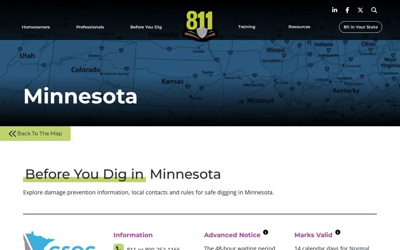National 811 Minnesota state page explaining the 811 phone code