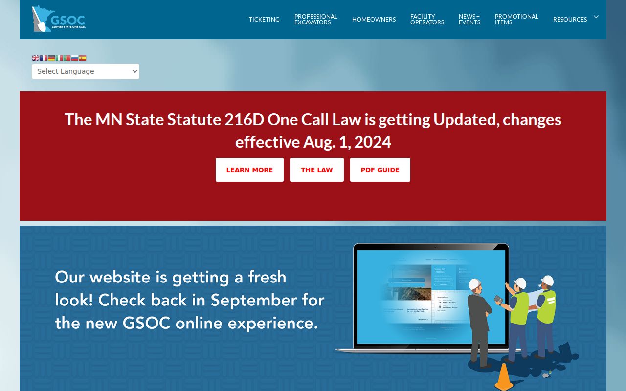 Gopher State One Call ticket search page with Minnesota phone numbers for locate requests
