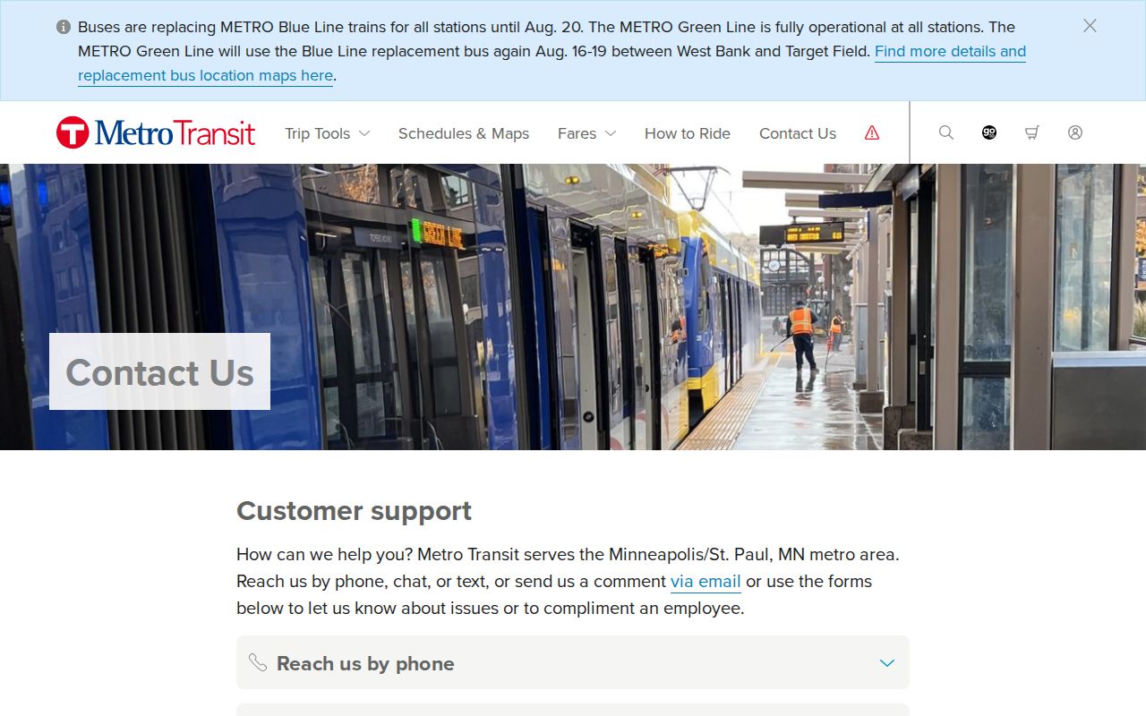 Metro Transit contact page listing Minnesota phone numbers for riders