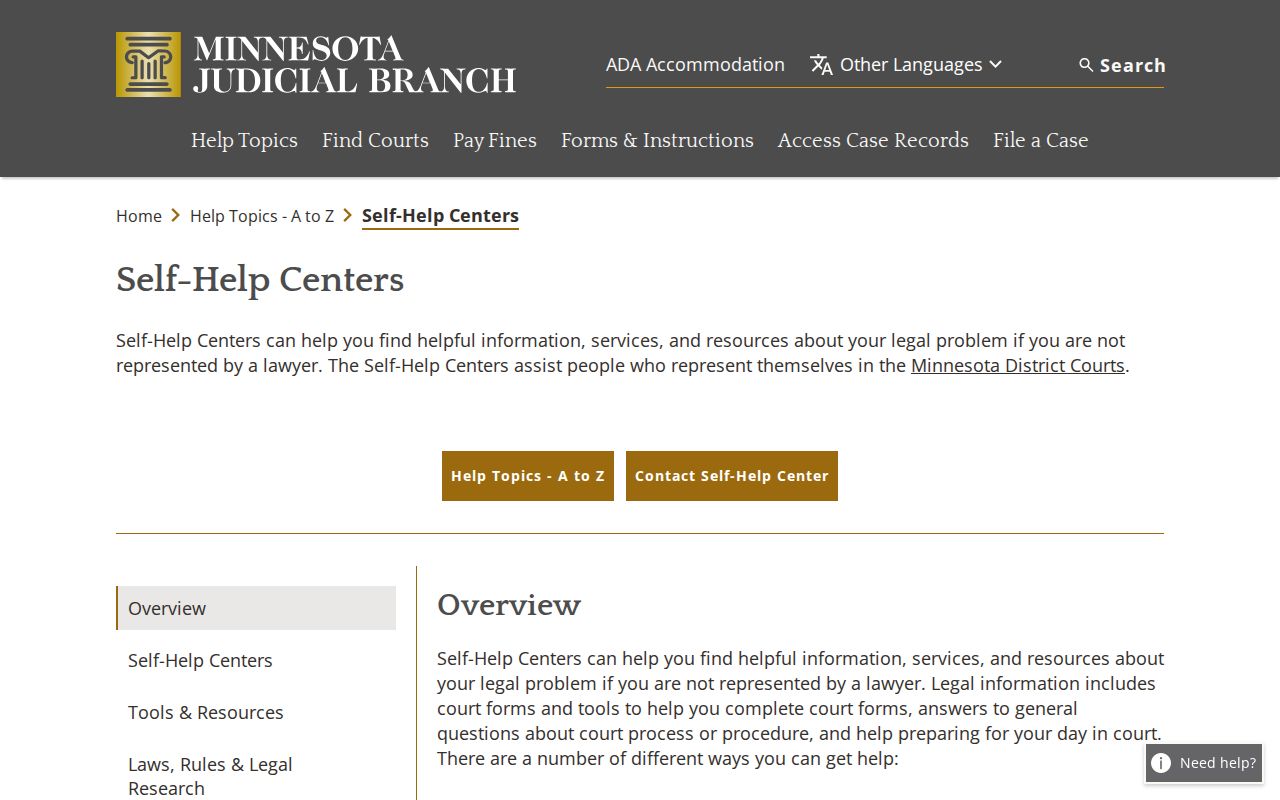 Minnesota Judicial Branch Self-Help Center page with statewide court phone numbers