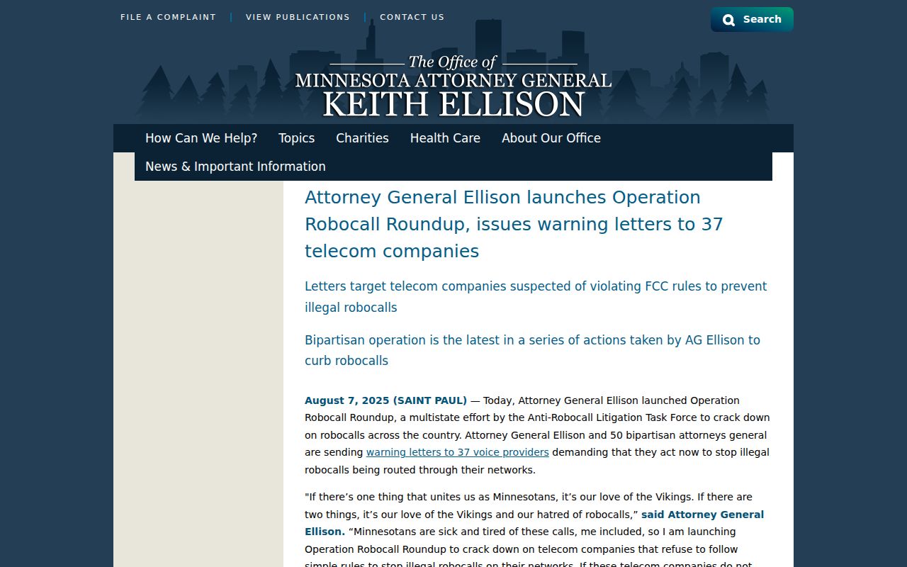 Minnesota Attorney General Operation Robocall Roundup release about scam phone numbers